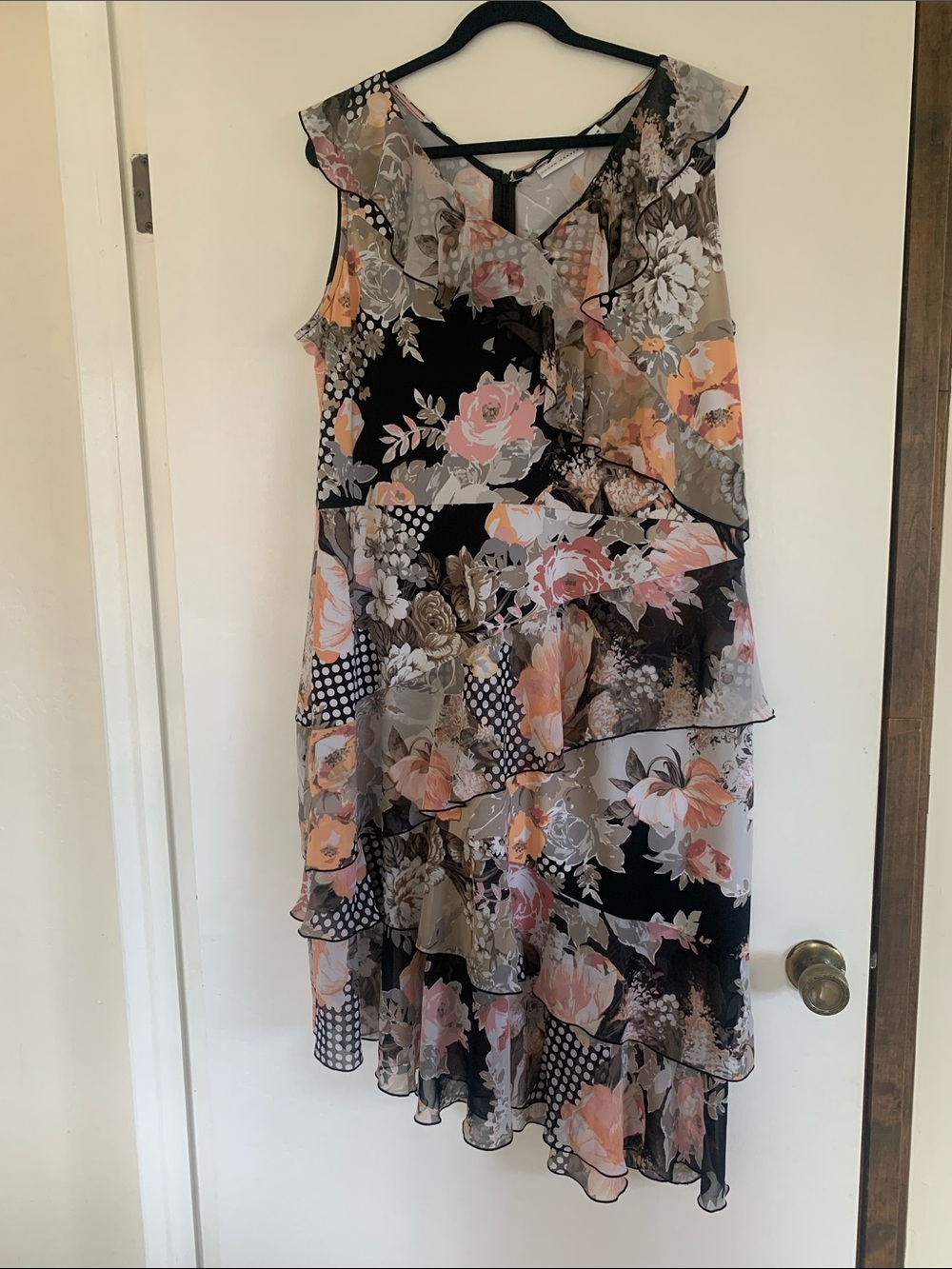 Susan Graver Black Floral Layered High-Low Dress with Peach and Pink Accents